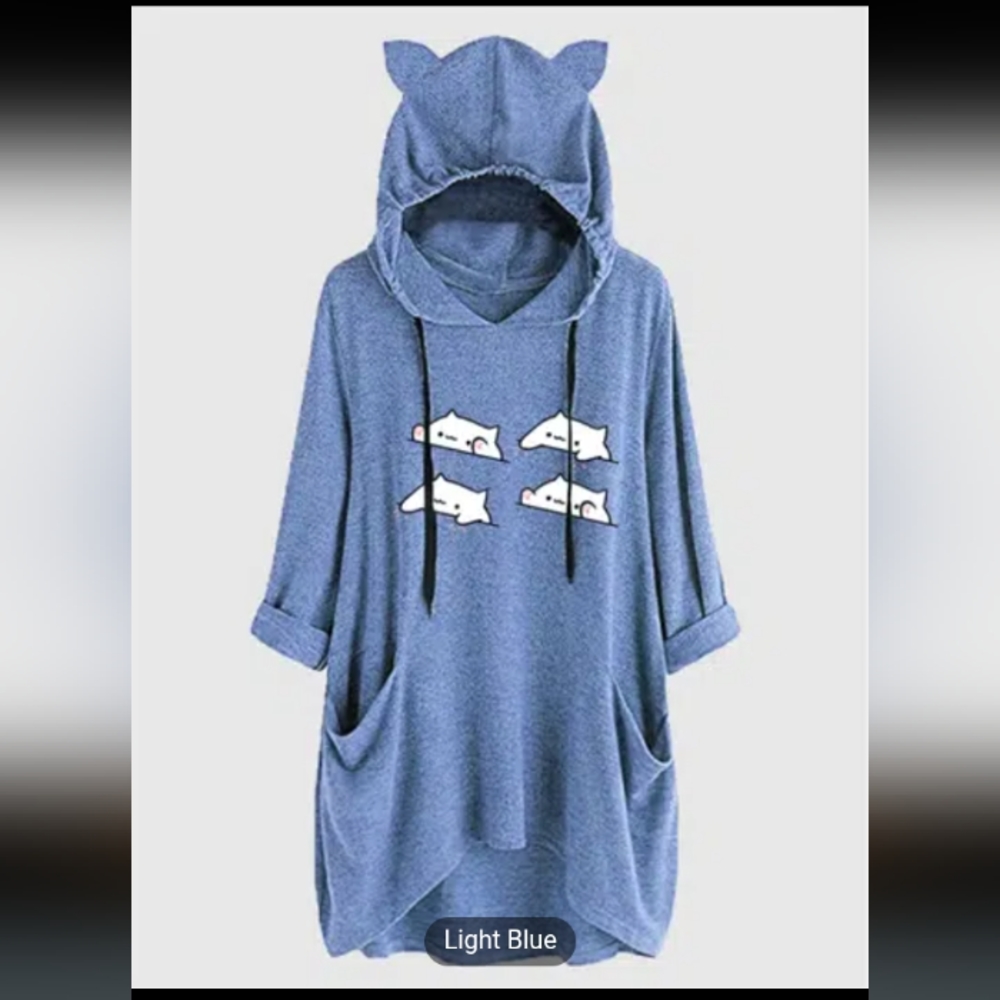 Women's hoodie shirt ear hat mid-length blouse mid-sleeve top oversize sweatshir